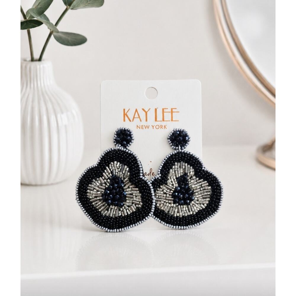 Kay Lee Black Navy Silver Beaded Earrings New